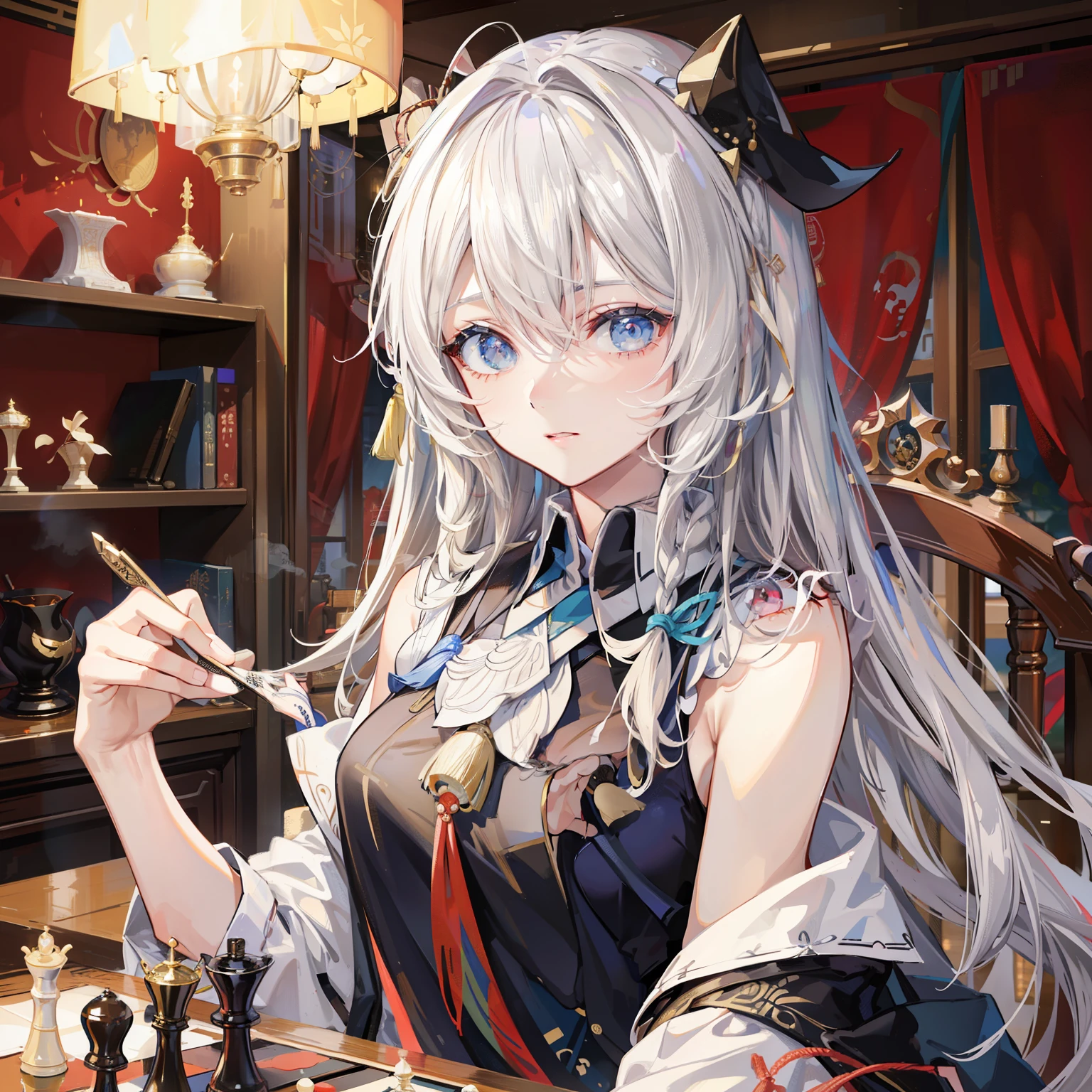  两个女孩下中国Chess，Los ojos mAndan el tablero de Chess.，official art, chinese masterpiece man&#39;CLOTHES,, light blonde , dark blue glasses、Best Quality、High resolution，And，Chess，Chess and cards，atmosphere，seeking out，Dressed in a fancy costume，by the wide，Think，Colorful history，vibrant light，complex design，Oil painting of a ribbon fluttering in the wind.，至尊atmosphere，Session，，Jugar al Chess