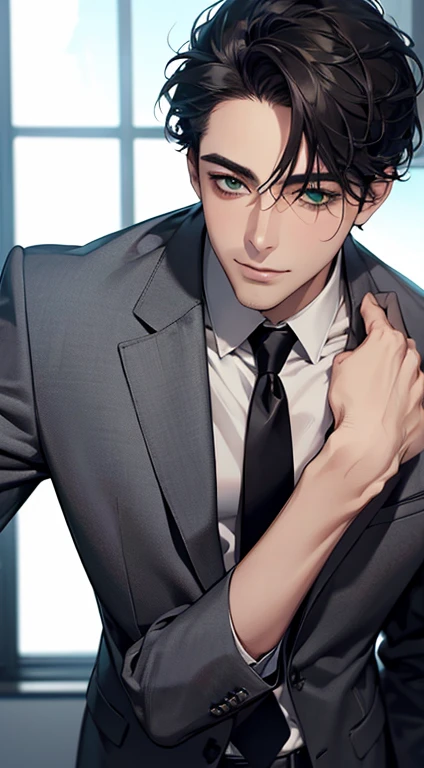 (Highest quality,4K,8K,High resolution,masterpiece:1.2),Super detailed,(Realistic,photoRealistic,photo-Realistic:1.37),1 person,34 years old,Mature Men,Beautiful skin、very handsome,Expressionless smile in love,Short gray Black hair,green eyes,Sharp Eyes,A perfect face without a doubt,Businessman, CEO, Office Background,Cinema Lighting,HDR image,tie、