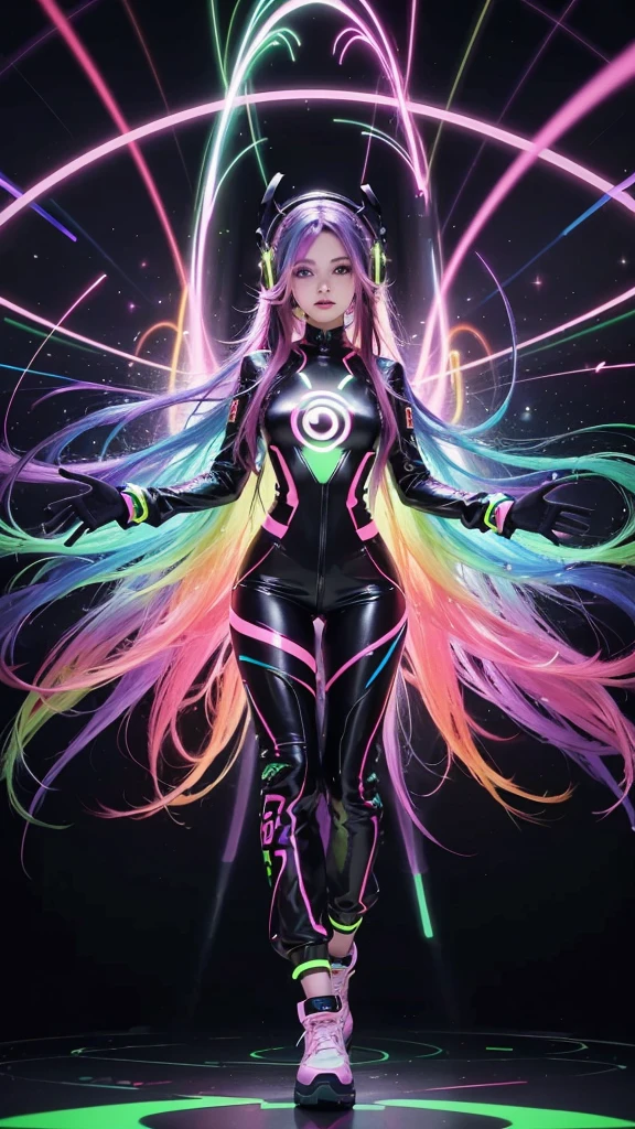 A woman with long multicolored hair in neon tones, wearing a mirrored jumpsuit that reflects light in all directions, dancing to electronic music in a setting where the walls are made of pulsating light, creating a kaleidoscopic effect around you. In your hands, she holds headphones that appear to float thanks to the vibrant lighting.