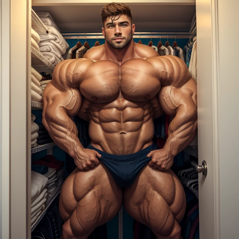 a very handsome, extremely handsome and beautiful, massively muscular young man with massively large muscles, shirtless, in a very cramped and small closet