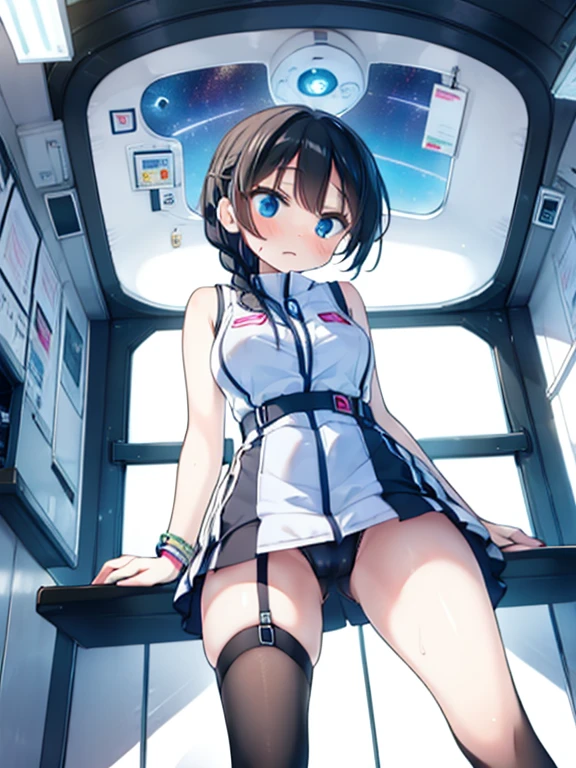 (Highest quality), (masterpiece), 1080P, High resolution, 4K, 8k, Inside the space station、Futuristic room、Thigh straps, Shooting from directly below, The woman on top of me, Nipples, 白いSweat, Covered , Sweat, Woman looking down, Skirt swimsuit, Thigh-high socks, To achieve this, , , whole body, Black leather shoes, Braided hair, Inner Color, Embarrassed face, Short black hair, bracelet, Bedroom,celestial body_Vest
