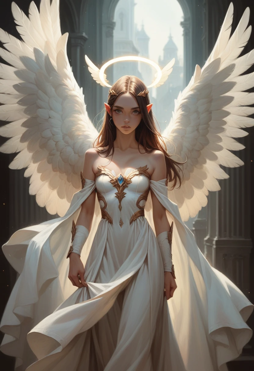 an angel with a humanoid body and three pairs of wings with some eyes  