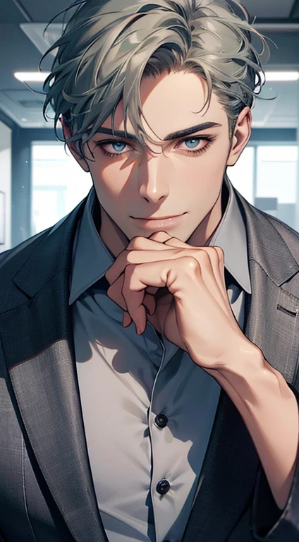 (best quality,4k,8k,highres,masterpiece:1.2),ultra-detailed,(realistic,photorealistic,photo-realistic:1.37),1 man,31 years old,mature man,very handsome,without expression,smile,short grey green hair,blue eyes,penetrating gaze,perfect face without errors,imposing posture,businessman,office background,cinematic lighting,hdr image