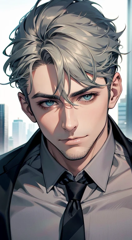 (best quality,4k,8k,highres,masterpiece:1.2),ultra-detailed,(realistic,photorealistic,photo-realistic:1.37),1 man,31 years old,mature man,very handsome,without expression,smile,short grey green hair,blue eyes,penetrating gaze,perfect face without errors,imposing posture,businessman,office background,cinematic lighting,hdr image