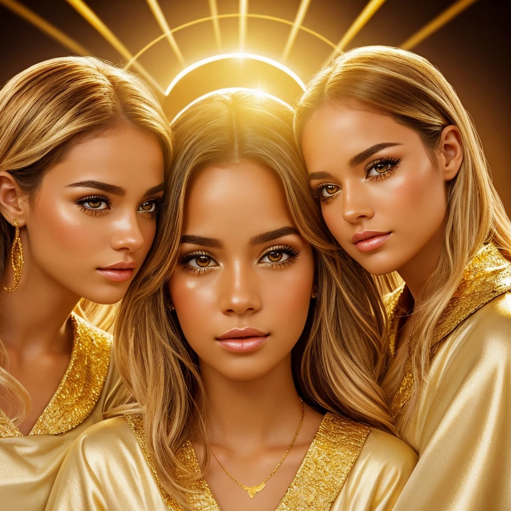 3 female angels sitting in the clouds, crying, tears of gold with golden halos looking downglossy lips and full lashes