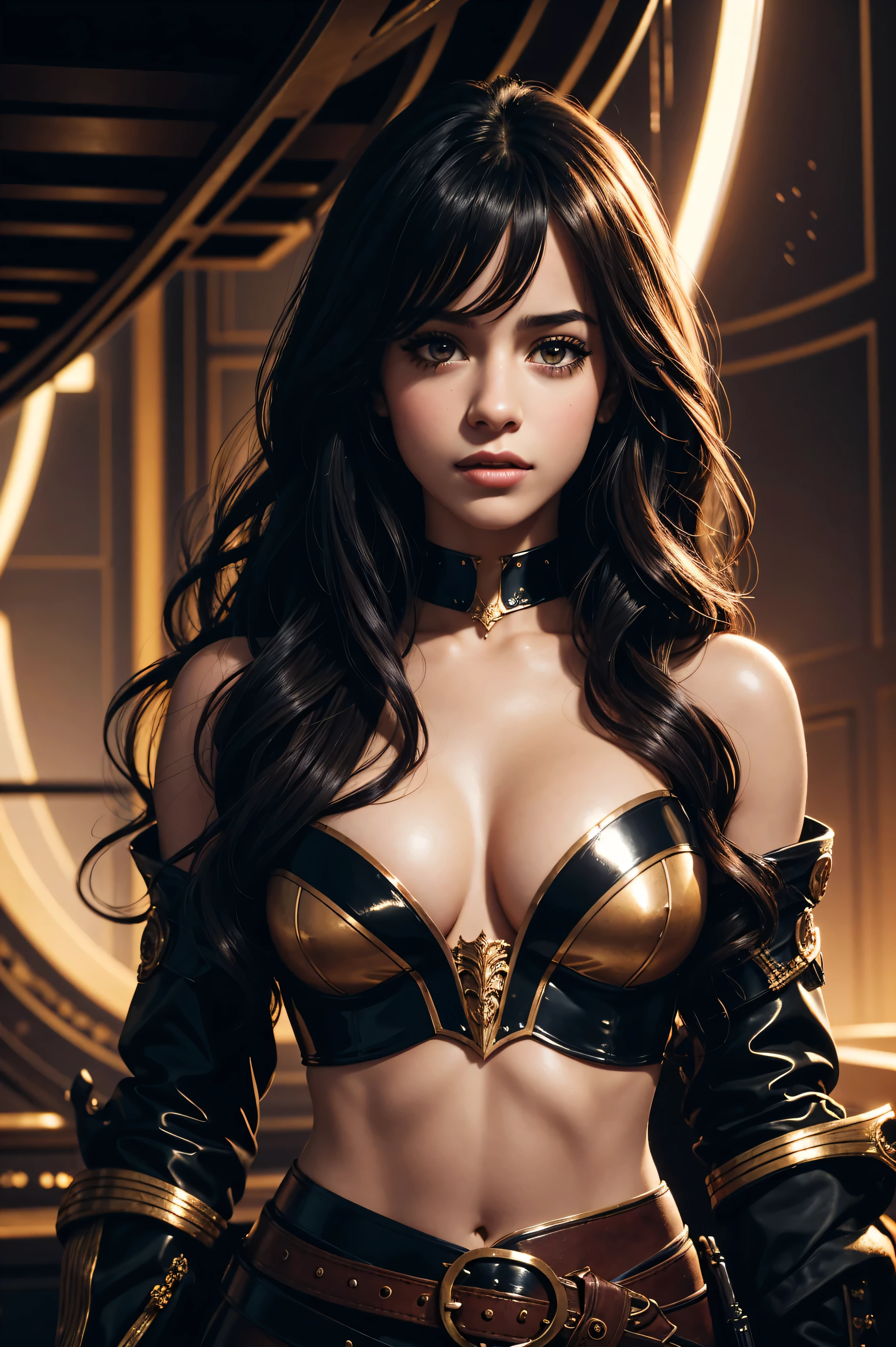 portrait Camila Cabello, wearing  latex pirate costume, against the background of the ship, character portrait, 2 3 9 0 s, wavy hair, intricate, elegant, highly detailed, digital painting, artstation, concept art, smooth, sharp focus, illustration, art by wlop, charlie bowater and alexandra fomina, 36k, glittering, shining, correct 