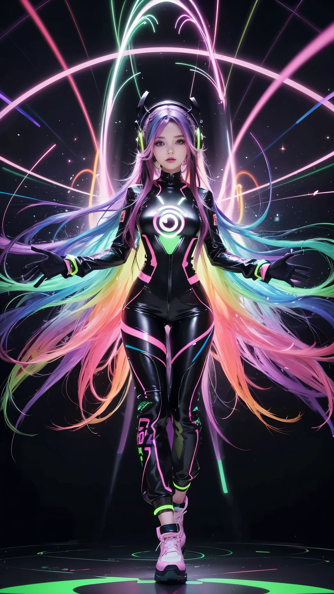 A woman with long multicolored hair in neon tones, wearing a mirrored jumpsuit that reflects light in all directions, dancing to electronic music in a setting where the walls are made of pulsating light, creating a kaleidoscopic effect around you. In your hands, she holds headphones that appear to float thanks to the vibrant lighting.
