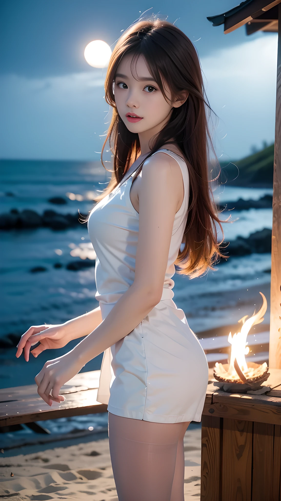 ulzzang-6500-v1.1, (RAW photo: 1.2), (Real photo), (Real photo: 1.4), 1 girl、Perfect anatomy、20 years old、Looking at the camera、Medium length hair、dress, skirt, Dancing by the campfire on the beach at night, with moon and stars, ((by the beach at night: 1.1))、(Hyperrealistic tights: 1.2), (Business service)、Asian eyes Ella,