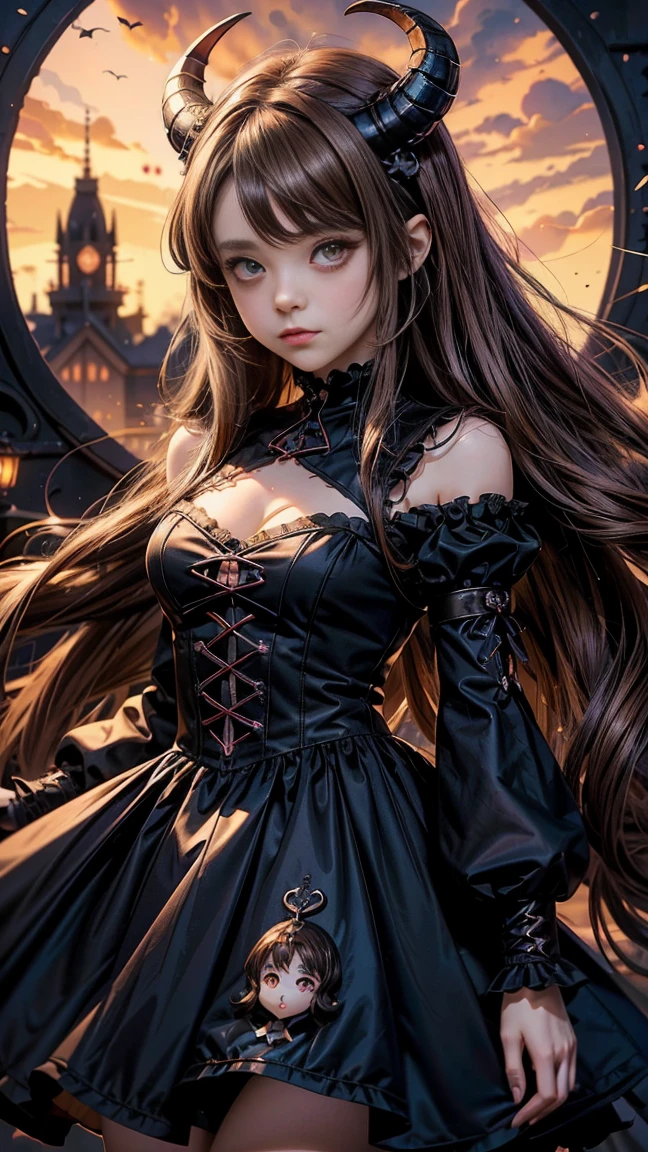 Anime girl with horns and a dress with a skull on it, ((light brown hair))(loli in dress, gothic maiden anime girl, cute anime waifu in a nice dress, anime moe artstyle, anime girl wearing a black dress, nightcore, (anime girl), anime style 4 k, little curvy loli, high quality anime art style, anime girls, demon anime girls