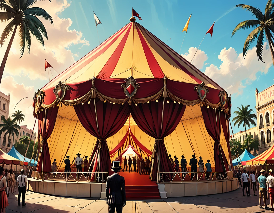 circus fabric dome on the square of a tropical city, giant triangular circus fabric dome, palm trees, street, people, close-up portrait magician,magician shows trick , city square, graphic style of novel comics, 2d, 8k, hyperrealism, masterpiece, high resolution, best quality, ultra-detailed, super realistic, Hyperrealistic art, high-quality, ultra high res, highest detailed, lot of details, Extremely high-resolution details, incredibly lifelike, colourful, soft cinematic light,