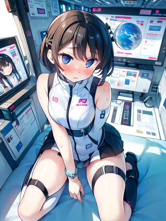 (Highest quality), (masterpiece), 1080P, High resolution, 4K, 8k, Inside the space station、Futuristic room、Thigh straps, Shooting from directly below, The woman on top of me, Nipples, 白いSweat, Covered , Sweat, Woman looking down, Skirt swimsuit, Thigh-high socks, To achieve this, , , whole body, Black leather shoes, Braided hair, Inner Color, Embarrassed face, Short black hair, bracelet, Bedroom,celestial body_Vest
