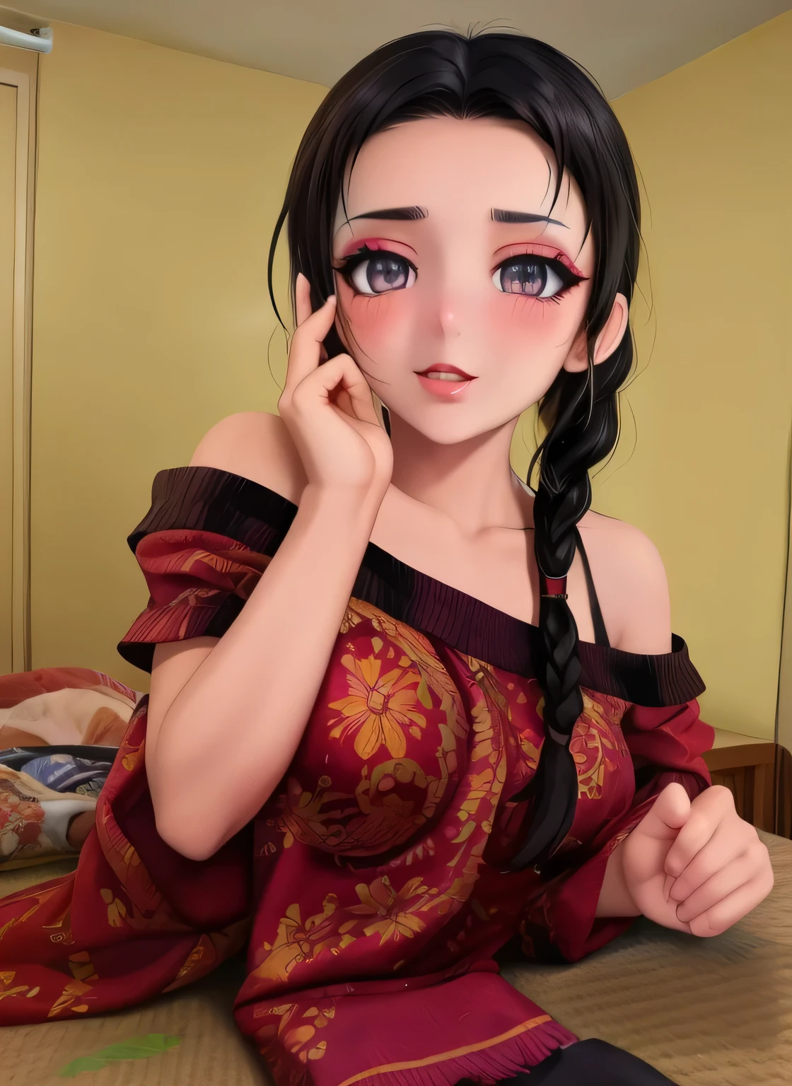  woman, black hair, single braid, seductive eyes, intense gaze, mouth parted, deep blush, flustered, beautiful face, amazing makeup, off shoulder t shirt