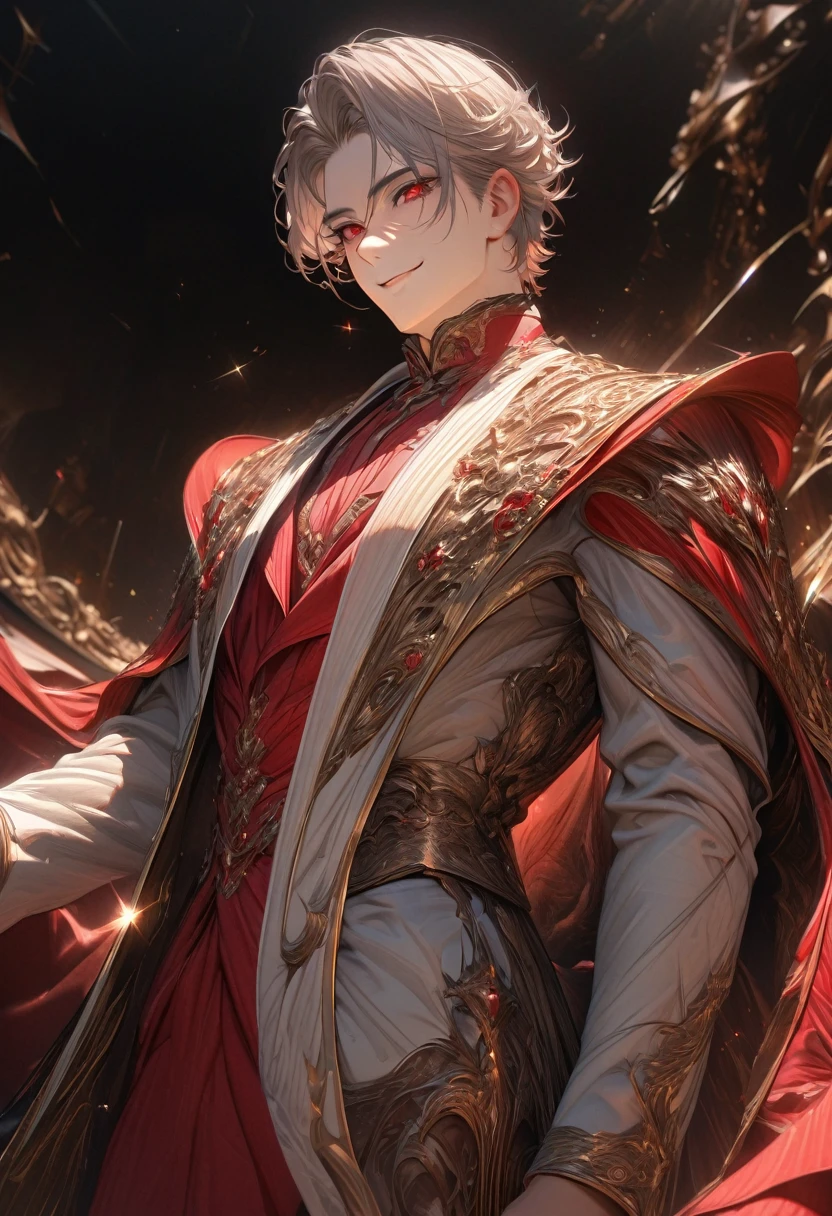{(best quality, 8k, masterpiece, HDR, soft lighting, perfect image, digital illustration, manhwa art, hyper detailed image, perfect lines, realistic)} 1 very handsome man, short ahy gray hair, red eyes, luxurious clothes (imposing posture, smiling), {(black background with ruby color sparkles)}