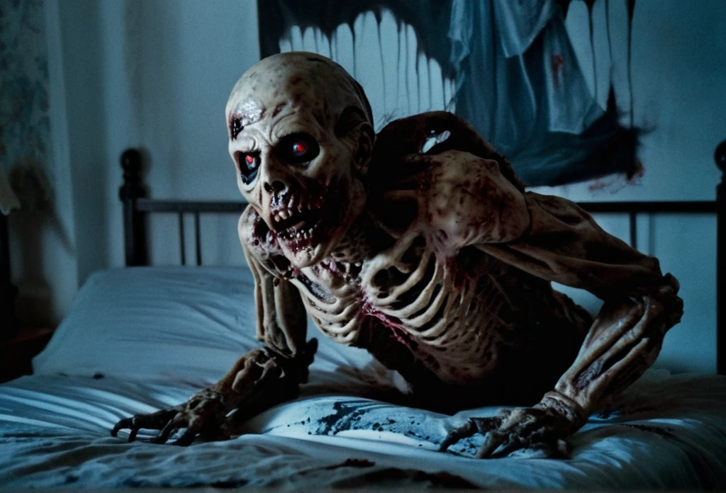 Demon monster, haunting background, liminal, 80s style, under bed, , sittinf on bed