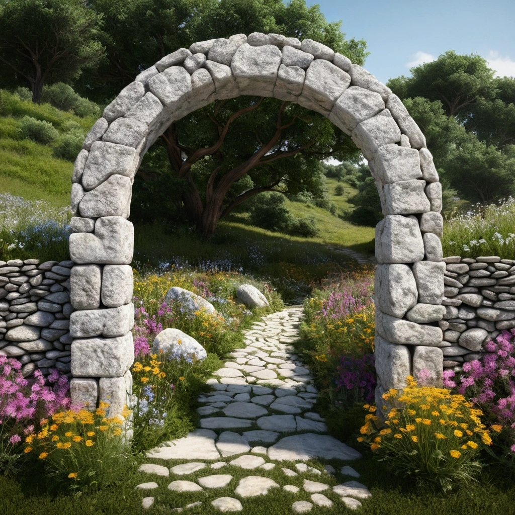 "subject description {A low and very wide door arch made of stones. , intertwined with plants, standing in a landscape of beautiful wildflowers, with a bright white background emanating from inside the arch}, Image type {photorealistic image}, art styles {Surrealism}, camera {35mm}, shooting {medium shot}, Rendering Related Information {4k, hyper detailed, ambient light}"