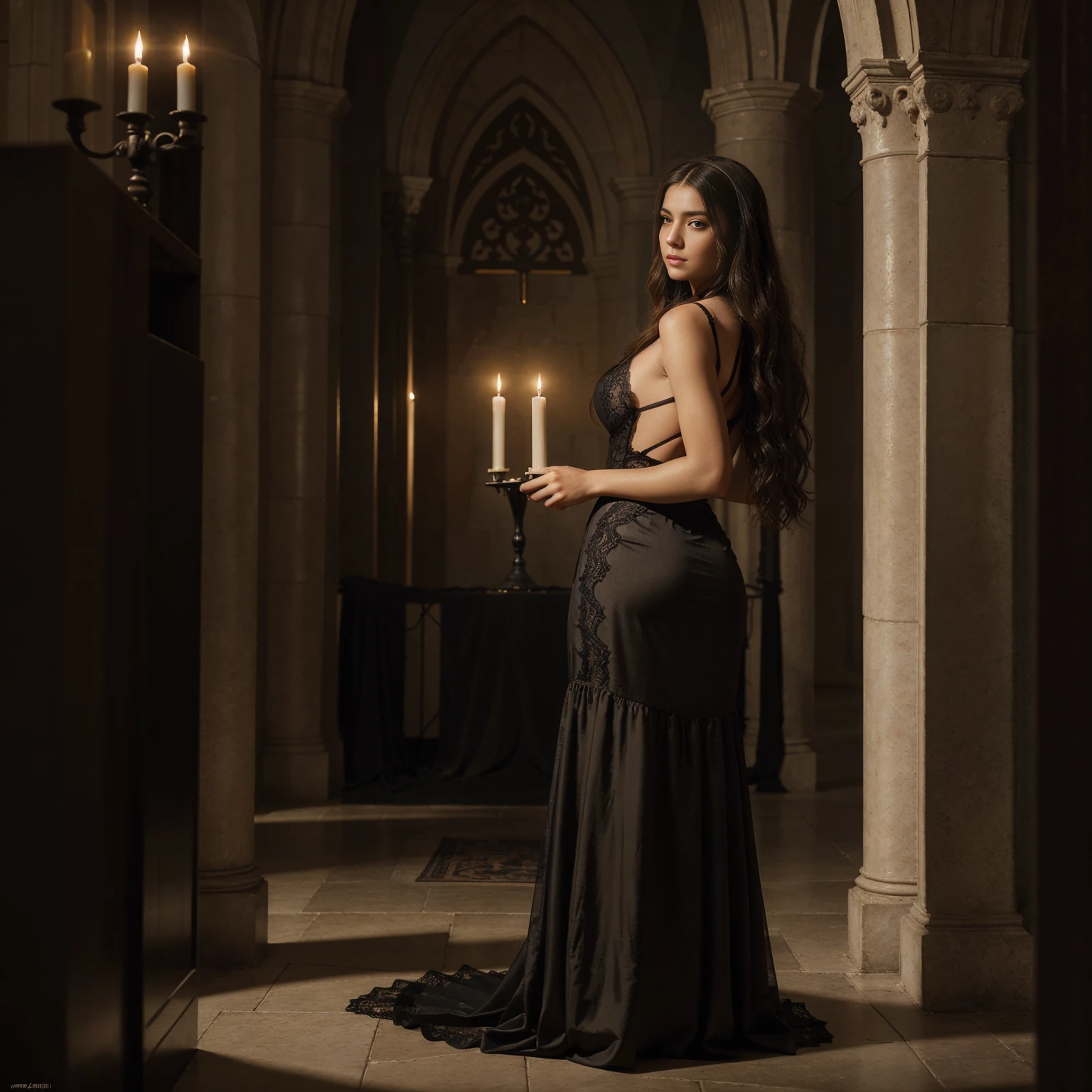 A sexy nun with seductive eyes and pouty lips, wearing a revealing black lace gown and high heels, gracefully poses in a dimly lit cathedral. Her long, wavy hair cascades down her back, framing her alluring face. The detailed folds of her gown create a sense of mystery and intrigue, while the soft candlelight casts a warm glow on her flawless skin. The artwork is a masterpiece of photorealistic beauty, captured with high-resolution precision and ultra-detailed rendering. The vibrant colors add depth and richness to the scene, with a touch of bokeh in the background, creating an ethereal atmosphere. The overall composition exudes sensuality and sophistication, making it a captivating portrait in the genre of erotic art.a hyperrealistic painting inspired by Hendrick Terbrugghen, featured on cgsociety, renaissance, in a renaissance style, in a high renaissance style, in style of old painting, serge marshennikov --sq --realxl v1