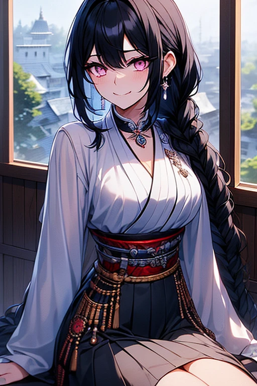 Black-haired girl, braided hair styles, long hair, very special hair style, fascinating hair style, Elegant hair, captivating purple eyes, fascinating face, Exhausted face, Ahegao, a charming smile, white eyelashes, in the classroom, Single, holding a sword in his right hand, The background is oriental style, armor dress, Five fingers