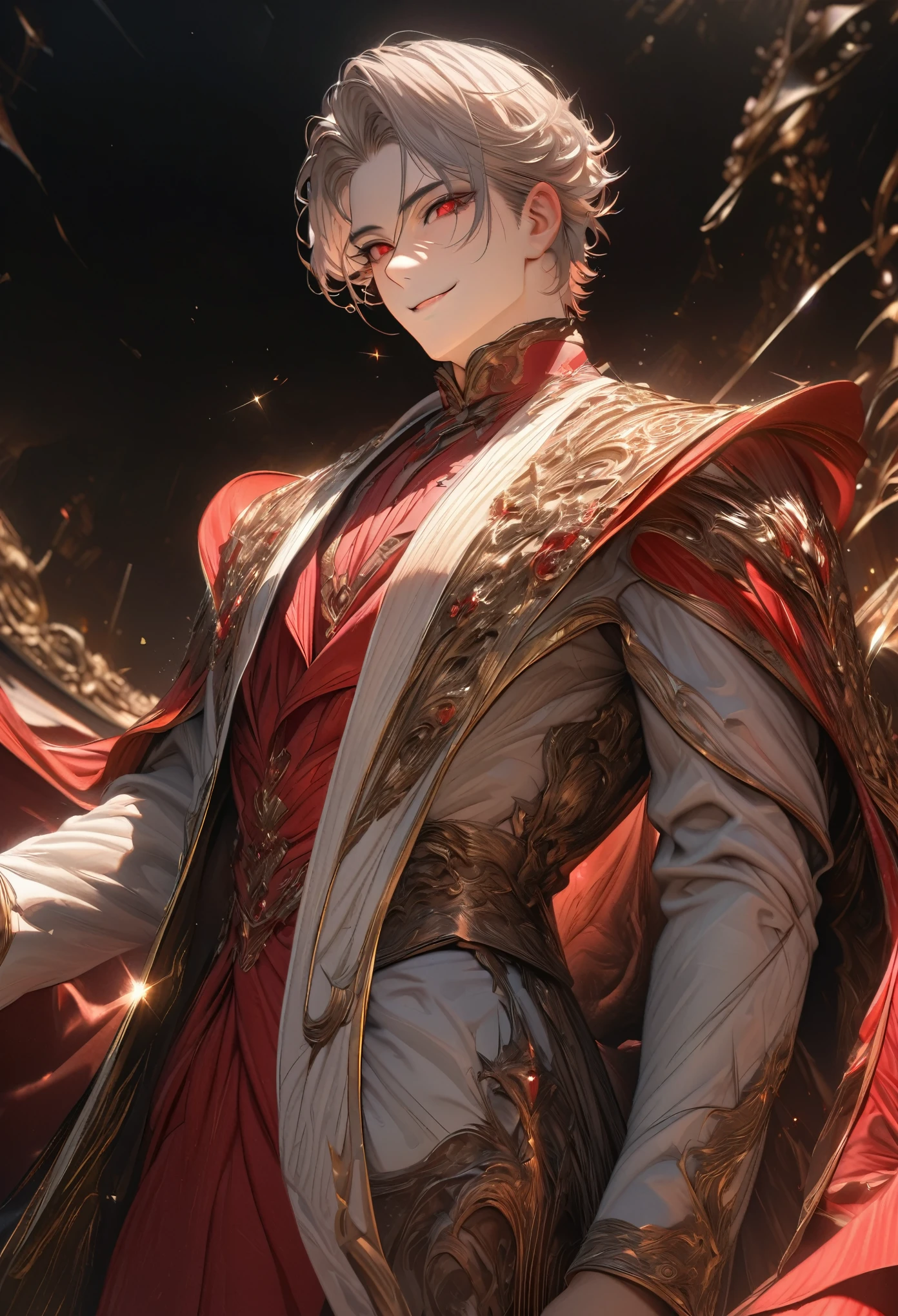 {(best quality, 8k, masterpiece, HDR, soft lighting, perfect image, digital illustration, manhwa art, hyper detailed image, perfect lines, realistic)} 1 very handsome man, short ahy gray hair, red eyes, luxurious clothes (imposing posture, smiling), {(black background with ruby color sparkles)}