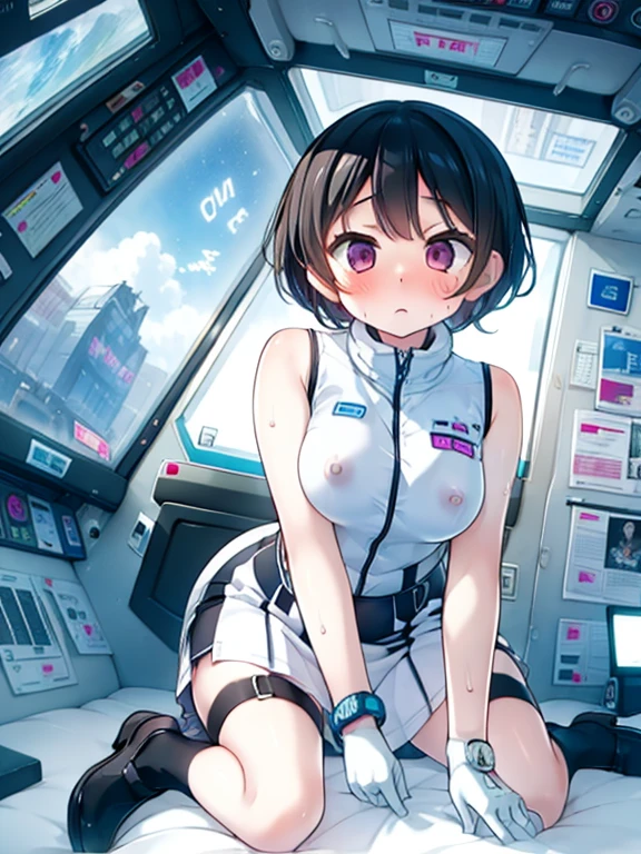 (Highest quality), (masterpiece), 1080P, High resolution, 4K, 8k, Inside the space station、Futuristic room、Thigh straps, Shooting from directly below, The woman on top of me, Nipples, 白いSweat, Covered , Sweat, Woman looking down, Skirt swimsuit, Thigh-high socks, To achieve this, 16 years old, , whole body, Black leather shoes, Braided hair, Inner Color, Embarrassed face, Short black hair, bracelet, Bedroom,celestial body_Vest
