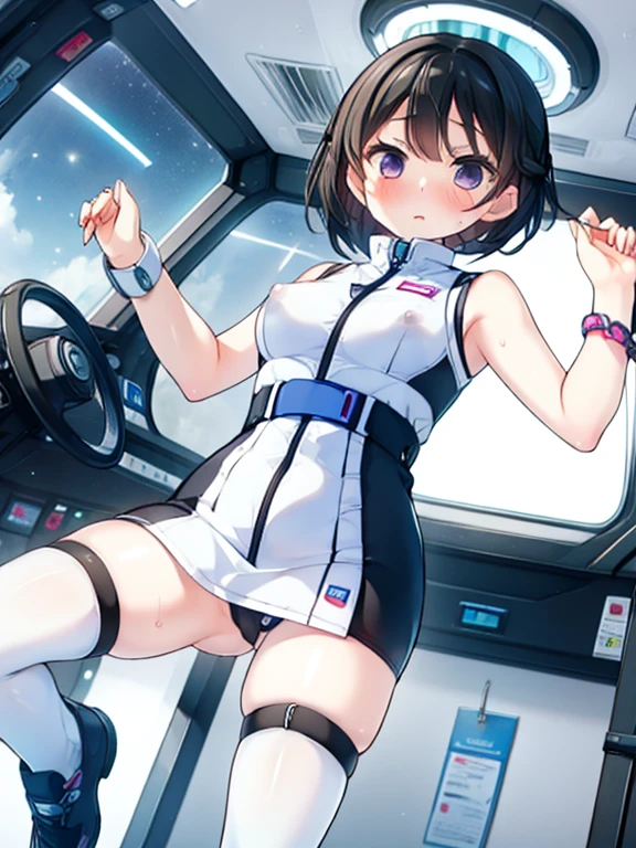 (Highest quality), (masterpiece), 1080P, High resolution, 4K, 8k, Inside the space station、Futuristic room、Thigh straps, Shooting from directly below, The woman on top of me, Nipples, 白いSweat, Covered , Sweat, Woman looking down, Skirt swimsuit, Thigh-high socks, To achieve this, s old, , whole body, Black leather shoes, Braided hair, Inner Color, Embarrassed face, Short black hair, bracelet, Bedroom,celestial body_Vest