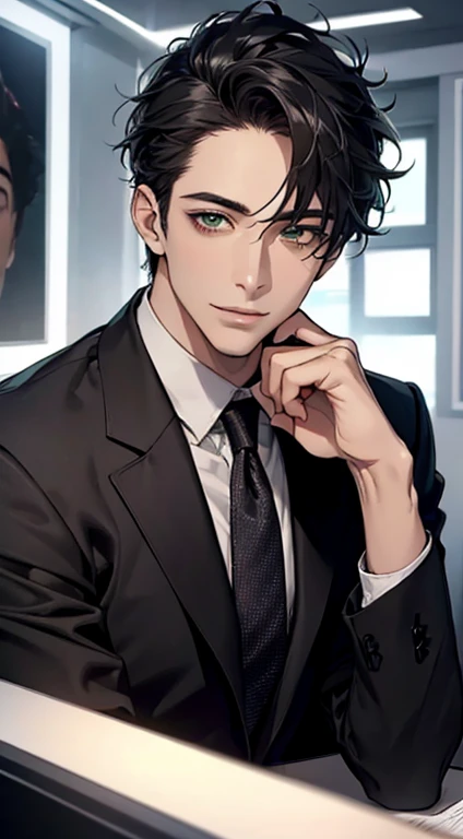 (Highest quality,4K,8K,High resolution,masterpiece:1.2),Super detailed,(Realistic,photoRealistic,photo-Realistic:1.37),1 person,34 years old,Mature Men,Beautiful skin、very handsome,Expressionless smile in love,Short gray Black hair,green eyes,Sharp Eyes,A perfect face without a doubt,Businessman, CEO, Office Background,Cinema Lighting,HDR image,tie、