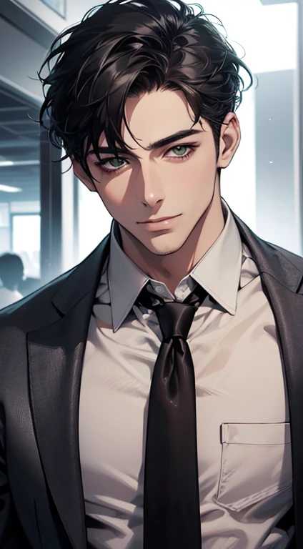(Highest quality,4K,8K,High resolution,masterpiece:1.2),Super detailed,(Realistic,photoRealistic,photo-Realistic:1.37),1 person,34 years old,Mature Men,Beautiful skin、very handsome,Expressionless smile in love,Short gray Black hair,green eyes,Sharp Eyes,A perfect face without a doubt,Businessman, CEO, Office Background,Cinema Lighting,HDR image,tie、