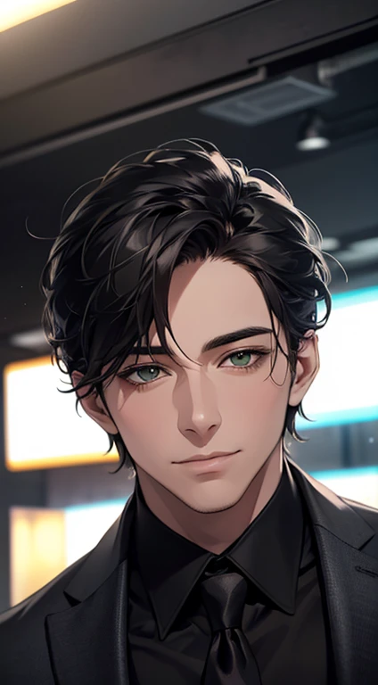 (Highest quality,4K,8K,High resolution,masterpiece:1.2),Super detailed,(Realistic,photoRealistic,photo-Realistic:1.37),1 person,34 years old,Mature Men,Beautiful skin、very handsome,Expressionless smile in love,Short gray Black hair,green eyes,Sharp Eyes,A perfect face without a doubt,Businessman, CEO, Office Background,Cinema Lighting,HDR image,tie、