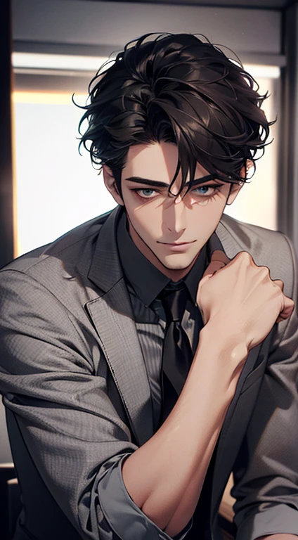 (Highest quality,4K,8K,High resolution,masterpiece:1.2),Super detailed,(Realistic,photoRealistic,photo-Realistic:1.37),1 person,34 years old,Mature Men,Beautiful skin、very handsome,Expressionless smile in love,Short gray Black hair,green eyes,Sharp Eyes,A perfect face without a doubt,Businessman, CEO, Office Background,Cinema Lighting,HDR image,tie、