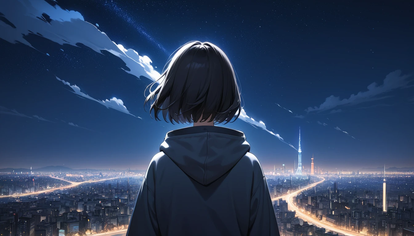 Starry Sky、One woman、Black Hair、Short Hair、Hair blowing in the wind、Wearing a hoodie、Back view、Full body portrait、Overlooking the city from afar