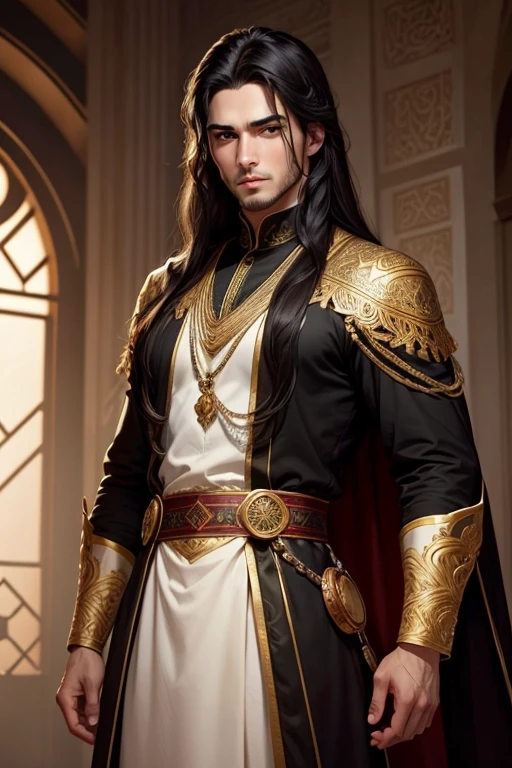 masterpiece, Highest quality, Intricate details, male、Black Hair、Arabic、Handsome、Green Eyes、Long Hair、King、young、No beard