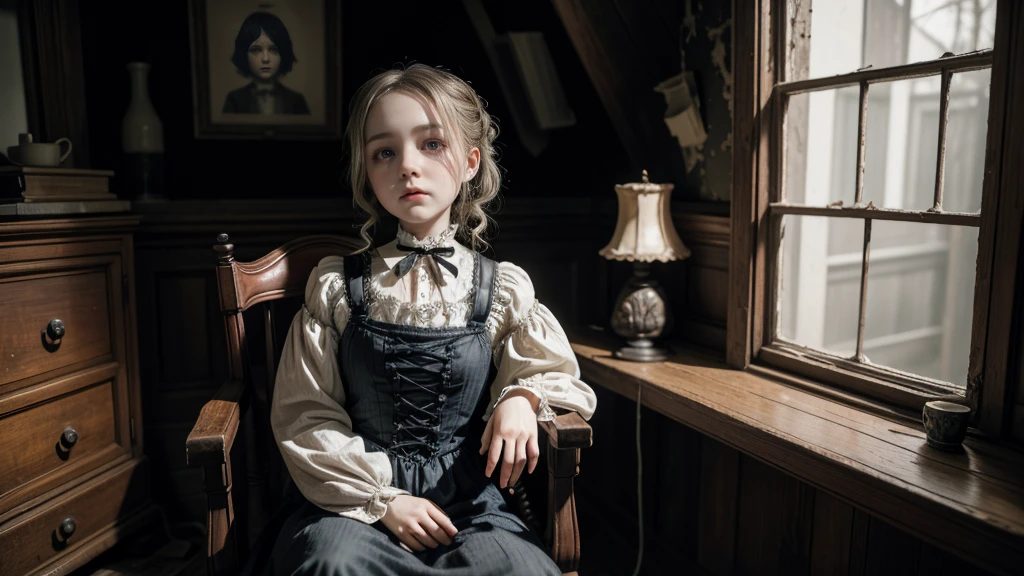 A terrifying eyeless porcelain doll sitting on a dilapidated antique chair in the attic of a gloomy house, horror, scary Victorian style doll, photorealism, intricate detail, horror movie, 