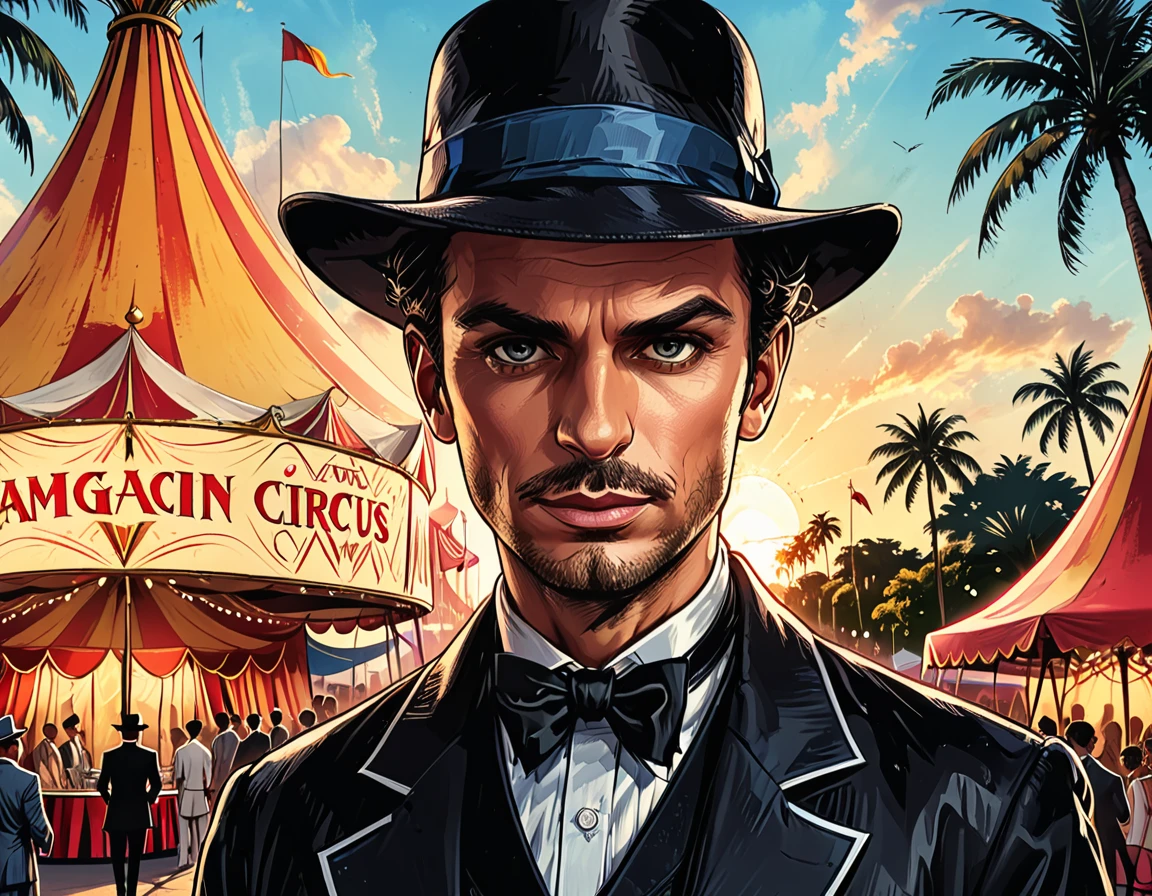 close-up portrait magician,magician shows trick , circus fabric dome on the square of a tropical city, giant triangular circus fabric dome, palm trees, street, people, close-up portrait magician,magician shows trick , city square, graphic style of novel comics, 2d, 8k, hyperrealism, masterpiece, high resolution, best quality, ultra-detailed, super realistic, Hyperrealistic art, high-quality, ultra high res, highest detailed, lot of details, Extremely high-resolution details, incredibly lifelike, colourful, soft cinematic light,