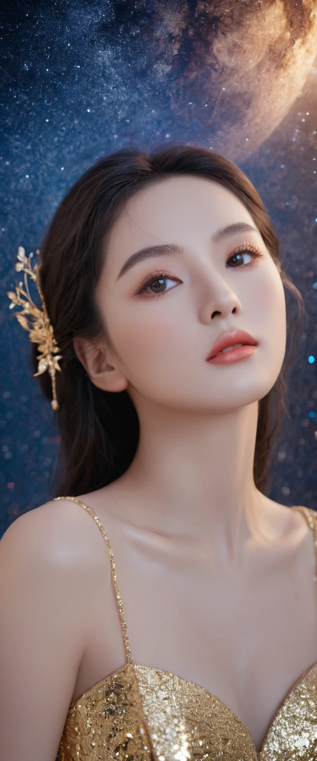 (masterpiece, highest quality), ultra detailed, high resolution, 16k, the most beautiful face in the world, highly detailed beautiful face and eyes, shiny skin, fine cloth texture, Perfect limbs, perfect anatomy, BREAK, the incarnation of beauty, goddess of beauty, gorgeous and stunning princess, perfect make-up, deeply in love, full of elegance. solo, (full body:1.7), starry sky