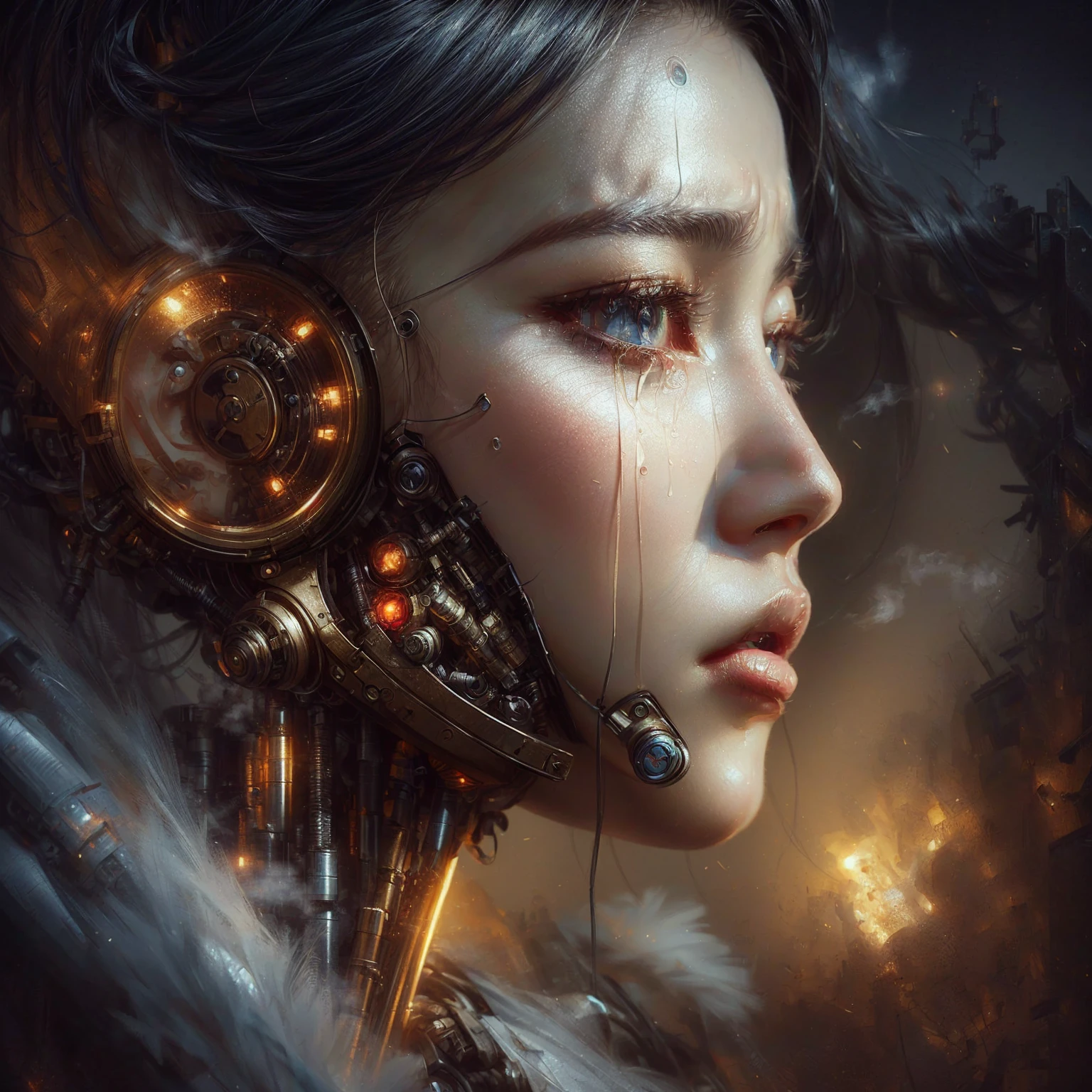 digital art of a woman with a steam - powered face and ear, crying cyborg woman, beautiful digital artwork, cyborg - girl, 4k highly detailed digital art, cybernetic machine female face, beautiful crying! android woman, portrait of a crying ai artist, cyborg girl, realistic digital art 4 k, realistic digital art 4k, beautiful cyberpunk girl face