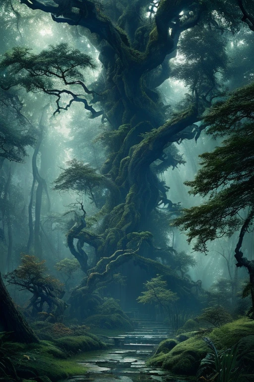masterpiece,最高masterpiece,Old gnarled tree in the magical forest,Intricate details, In the woods, Cinematic, Trending on Art Station, Greg Rutkowski, Clyde Caldwell, Matte Paint