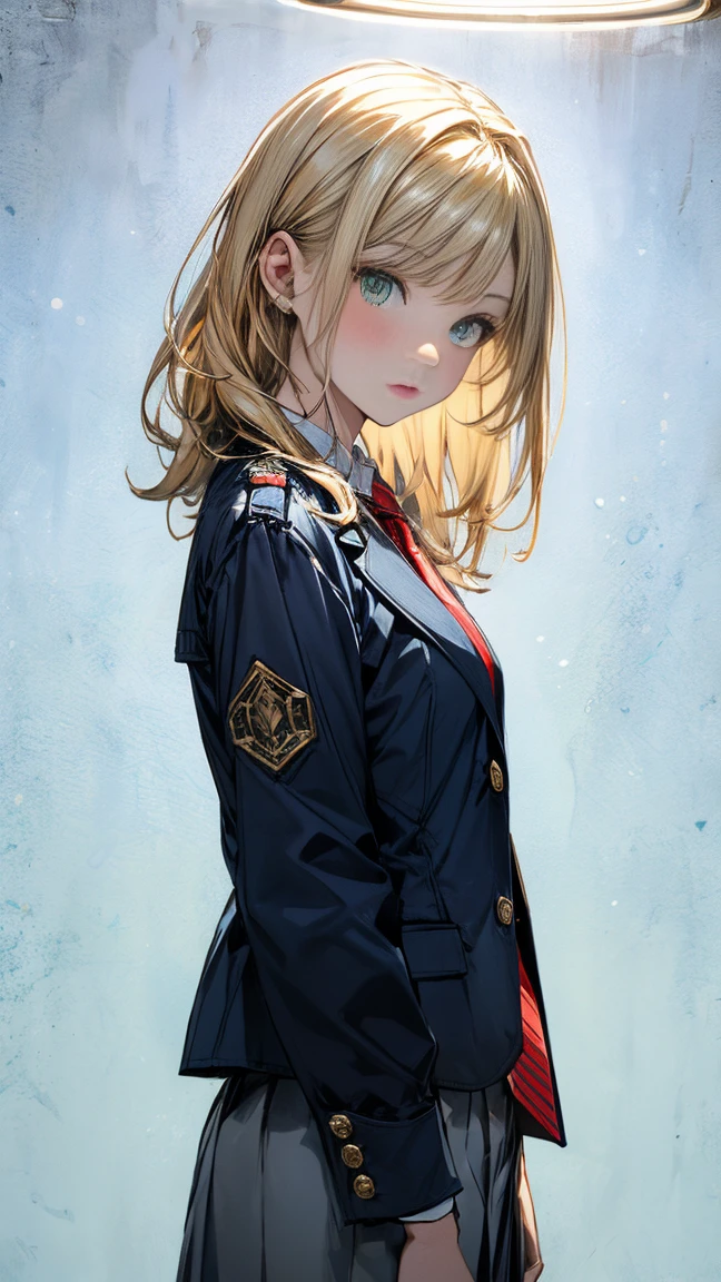 A woman with blonde hair, green eyes and fair skin wearing a dark blue jacket with red trim and brass buttons, worn over a light blue shirt and tie.
