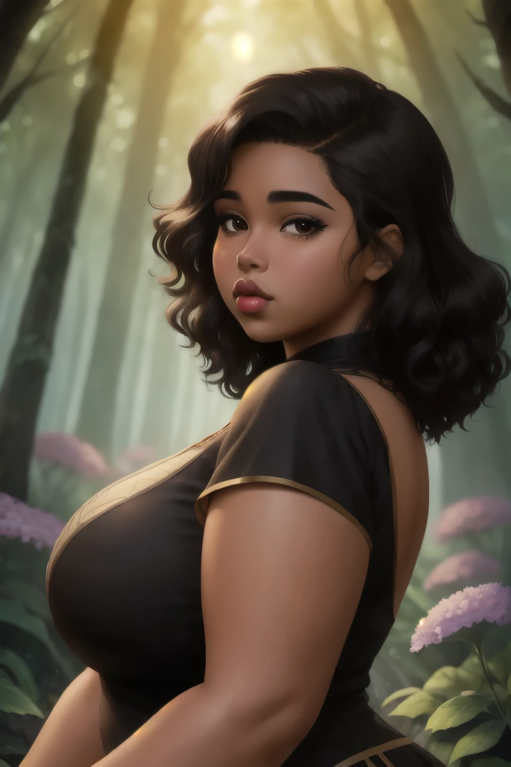 Anime illustration semi-realism of brown skin latina girl, 25 year old, plus size, curvy, overweight, black round eyes, black curly hair, big lips, anime, sleek design, brown skin, sideswept hairstyle, round face, fantasy mage outfit, flower forest background, dynamic light, 