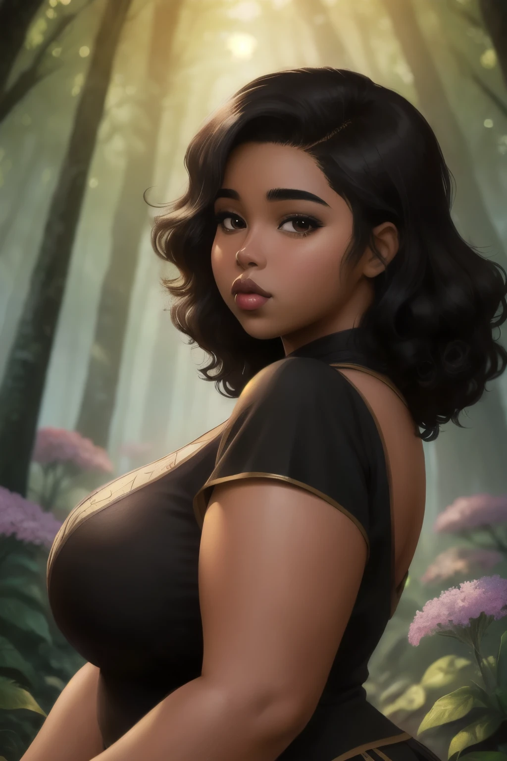 Anime illustration semi-realism of brown skin latina girl, 25 year old, plus size, curvy, overweight, black round eyes, black curly hair, big lips, anime, sleek design, brown skin, sideswept hairstyle, round face, fantasy mage outfit, flower forest background, dynamic light, 