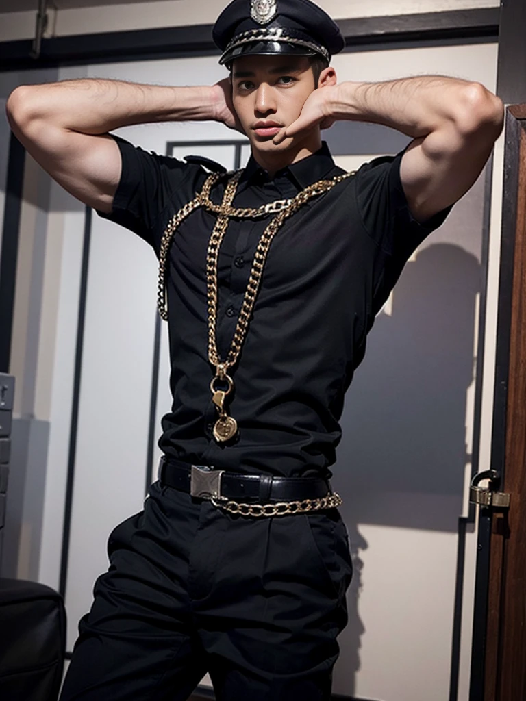 1boy,masterpiece,best quality,ansheng,police_uniform,dungeon,muscular,chain,stretch,
