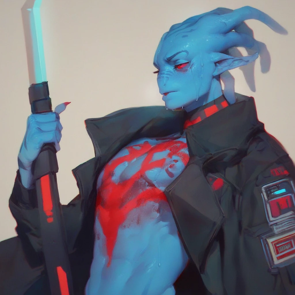 Oc,na’vi, a alien blue skin skinny buff femboy man wearing black trench-coat with prominents a red mark on the face,thick, in an 90’s style. He’s gay , including one weapon and a sensual , cool expression. Sweating.The scene has a cool,sweet,stargate style and a vibrant tone.