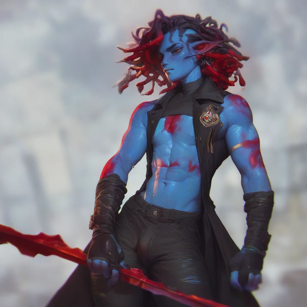 Oc,na’vi, a alien blue skin skinny buff femboy man wearing black trench-coat with prominents a red mark on the face,thick, in an 90’s style. He’s gay , including one weapon and a sensual , cool expression. Sweating.The scene has a cool,sweet,stargate style and a vibrant tone.