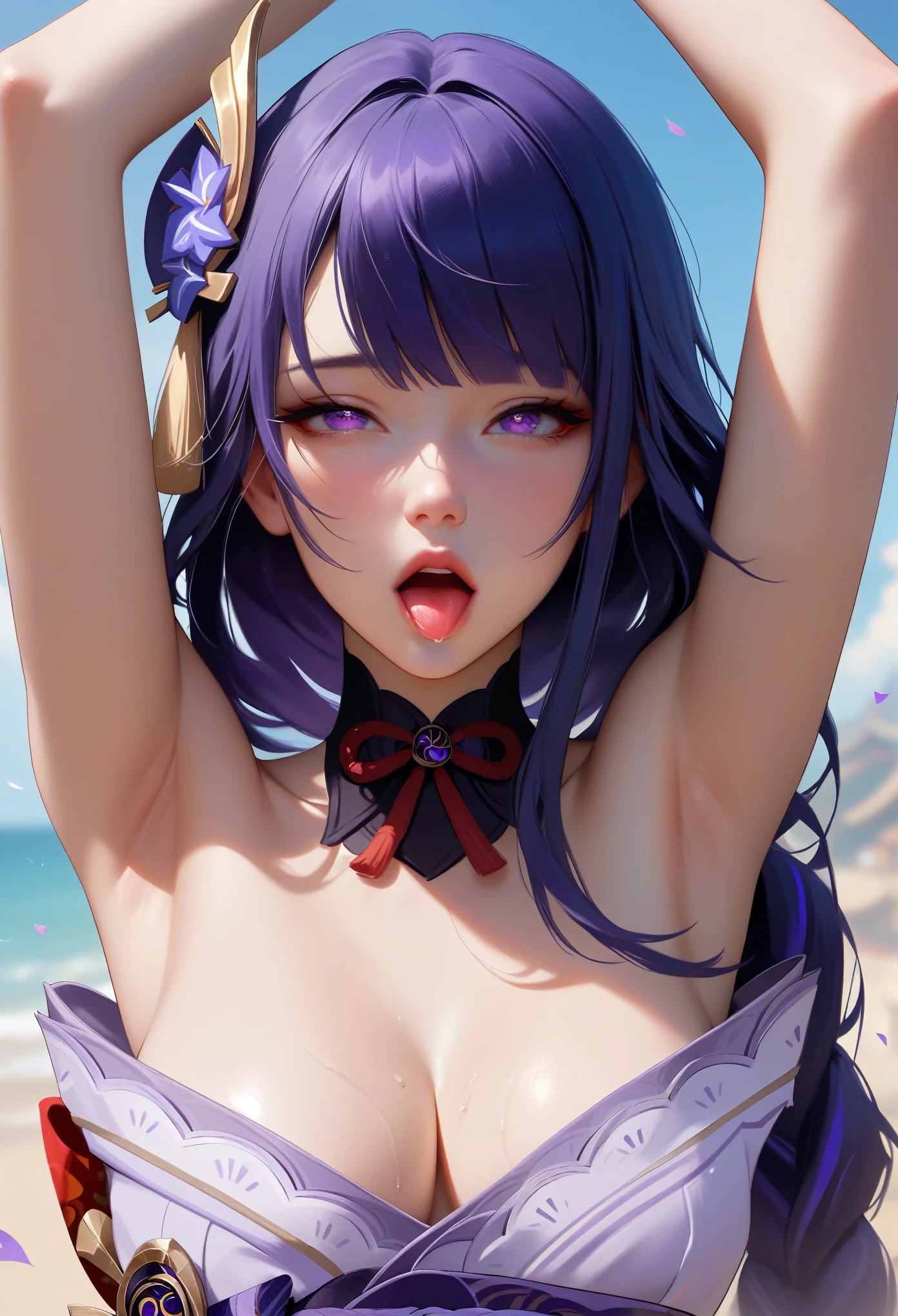 score_9, score_8_up, score_7_up,source_anime, high res image,masterpiece,best quality,girl,cute face,clear skin,raiden_shogun_genshin,ahegao,armpit,topless,