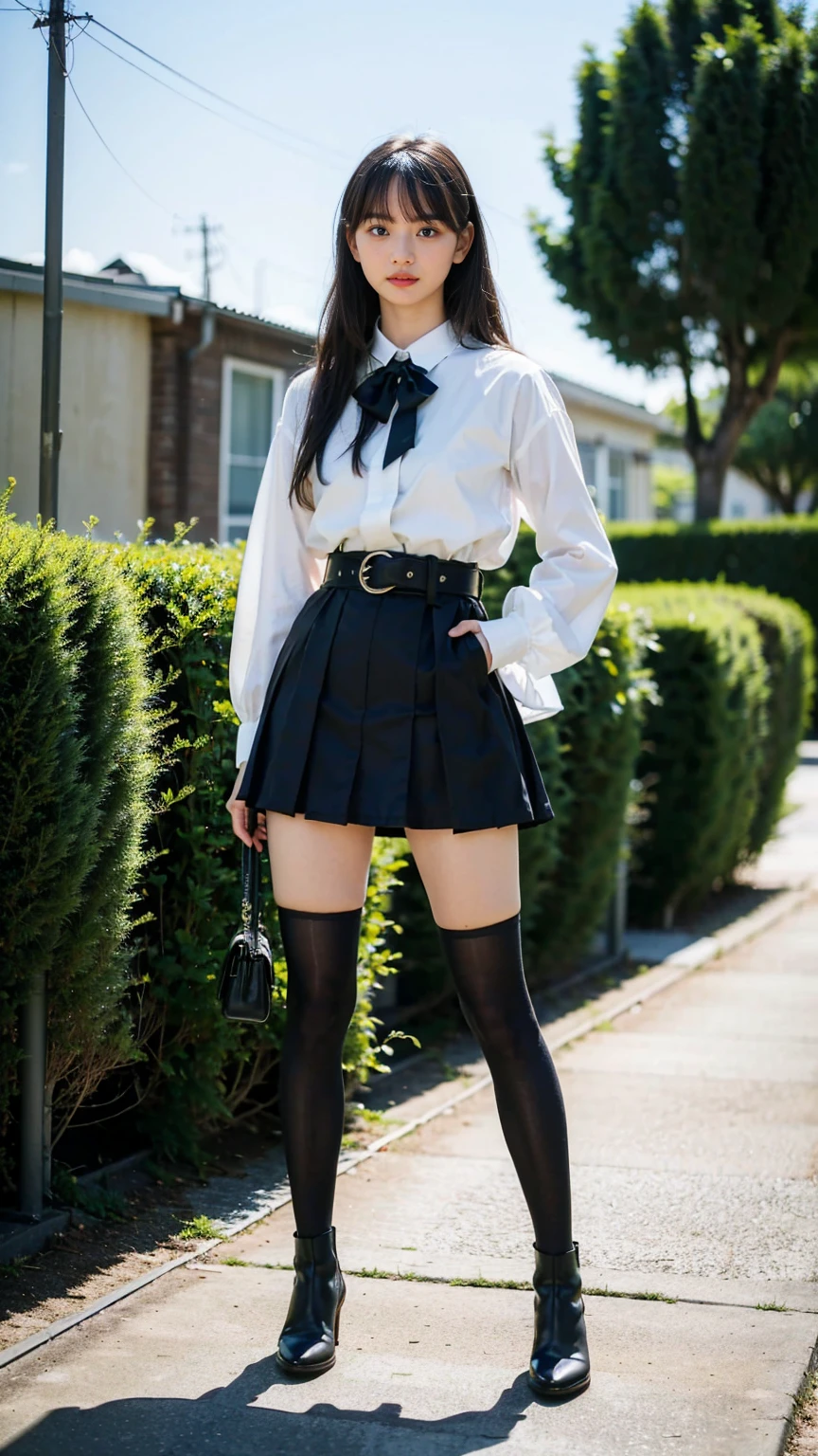 (8k、RAW Photos、Highest quality、masterpiece:1.2)、(Realistic、Realistic)、1 girl、((mini skirt、blackのスーツ、black、Thin legs、whole body、boots、one piece、tights、garden、View from the front、Looking into the camera、belt、Stand with hands on hips))、cute