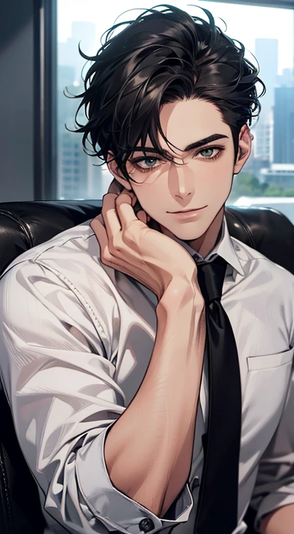 (Highest quality,4K,8K,High resolution,masterpiece:1.2),Super detailed,(Realistic,photoRealistic,photo-Realistic:1.37),1 person,35 years old,Mature Man 1 male mature,Beautiful skin、very handsome,Expressionless smile in love,Short gray Black hair,green eyes,Sharp Eyes,A perfect face without a doubt,Businessman, CEO, Office Background,Cinema Lighting,HDR image,tie、