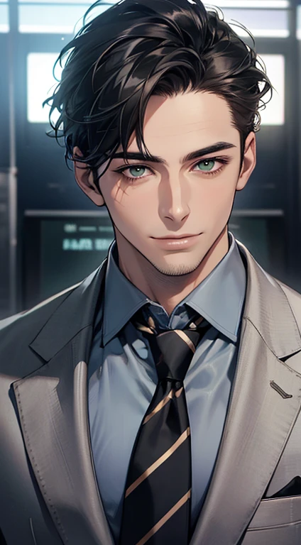 (Highest quality,4K,8K,High resolution,masterpiece:1.2),Super detailed,(Realistic,photoRealistic,photo-Realistic:1.37),1 person,35 years old,Mature Man 1 male mature,Beautiful skin、very handsome,Expressionless smile in love,Short gray Black hair,green eyes,Sharp Eyes,A perfect face without a doubt,Businessman, CEO, Office Background,Cinema Lighting,HDR image,tie、