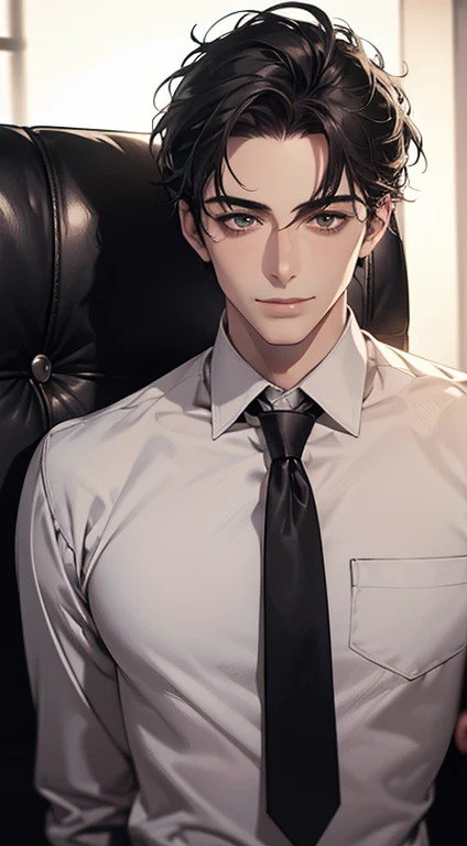 (Highest quality,4K,8K,High resolution,masterpiece:1.2),Super detailed,(Realistic,photoRealistic,photo-Realistic:1.37),1 person,35 years old,Mature Man 1 male mature,Beautiful skin、very handsome,Expressionless smile in love,Short gray Black hair,green eyes,Sharp Eyes,A perfect face without a doubt,Businessman, CEO, Office Background,Cinema Lighting,HDR image,tie、