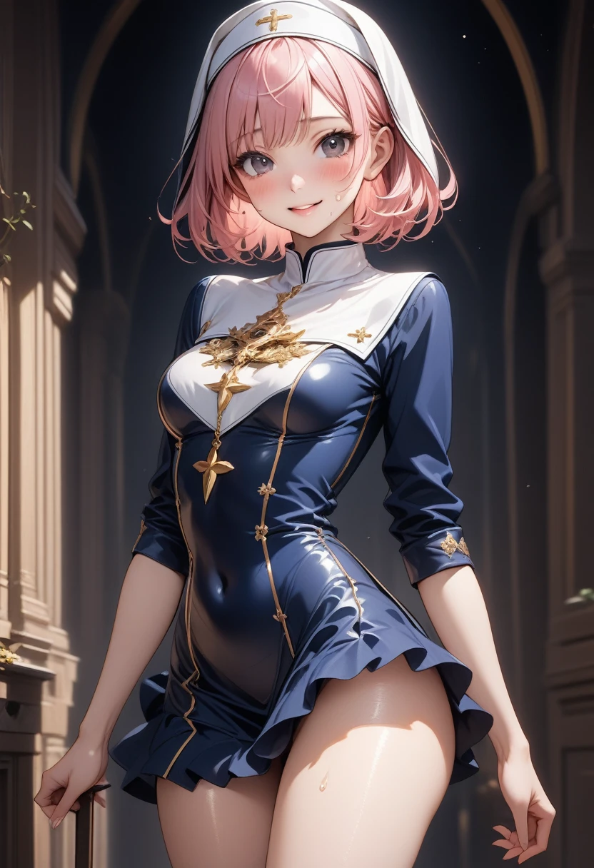 ((Golden decoration)), ((Navy blue traditional nun)), ((skirt)), ((pantyhose)), ((shiny outfit)), skindentation, skinny, alone, solo, 1 woman, Masterpiece, highest quality, highest quality, 16K, incredibly absurd, highly detailed, 2.5D, ai-generated, delicate and dynamic, very delicate facial expressions, delicate eye depiction, erotic, only sexy woman, ((A cute and kind face)), healthy figure, ((25-year-old woman)), 160cm tall, ((medium firm swaying bust)), medium breasts, (short hair), (pink hair:1.5), bob cut, black eye, blush, Sweat,Embarrassed,sexy, ((thin thighs)), (camel toe:0.7), (visible nipples:0.5), (Erect nipples,:0.7), shiny and lustrous, facing straight at viewer, smile, ((Oily_skin)), dark skin, ((standing)), ((arm at side)),