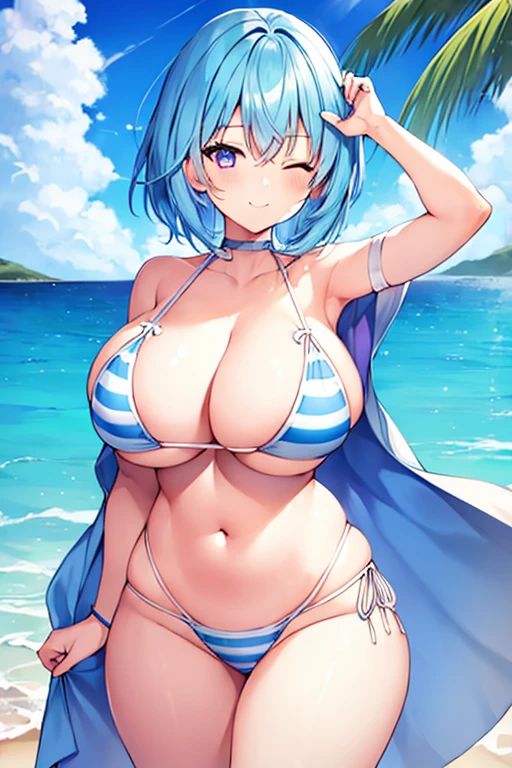 1girl, light blue hair, blue hair, very short hair, one eye closed, purple eyes, large breasts, thick thighs, hourglass figure, cute face, light smile, beach, bikini, white bikini, (blue stripes), (striped bikini),