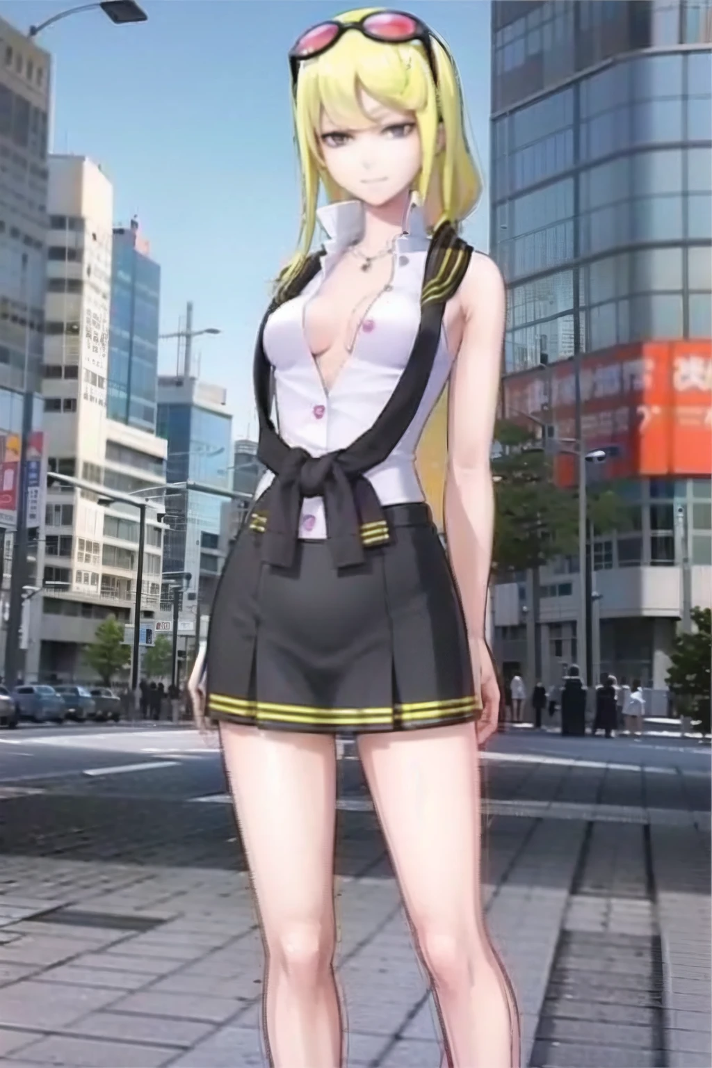 ((Best Quality)), ((masterpiece)), (detailed), 1 woman, Kyoko Kuremi, Full body image, , He has long blue hair, perfect body, perfect face, He is standing in the middle of the street, He is smiling, has one arm extended pointing forward