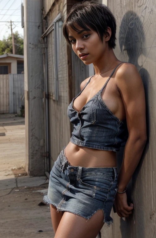 young girl 20 years old delicate black SEXY, sultry posing, hot hot gangsta , She wears short hair, shoulders off, nsfw and showing her belly, She wears a blue jean skirt. bottom of poor neighborhood outskirts Los Angeles nsfw